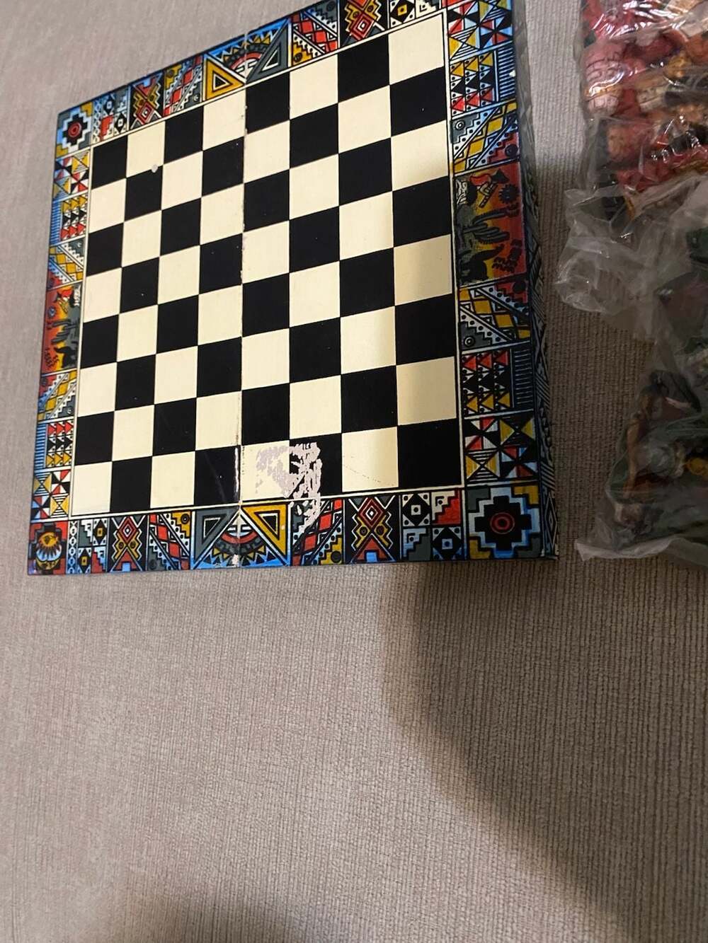 Small Peruvian Wood Piece Chess Game + Folding Wood Board, Handmade, rub mark on